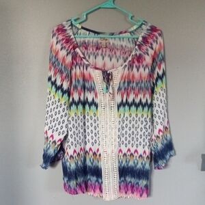 Como Vintage Women's Multicolor Blouse with Crochet Accent Size Large